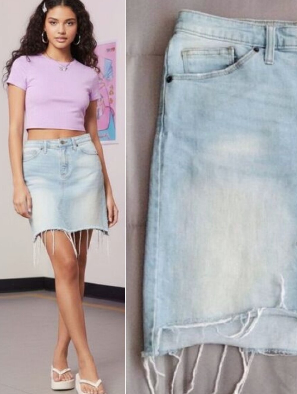 Y2K 00s Light Wash Distressed Stretch Denim Mini Jean Skirt‎ SZ 12 Raw Hem